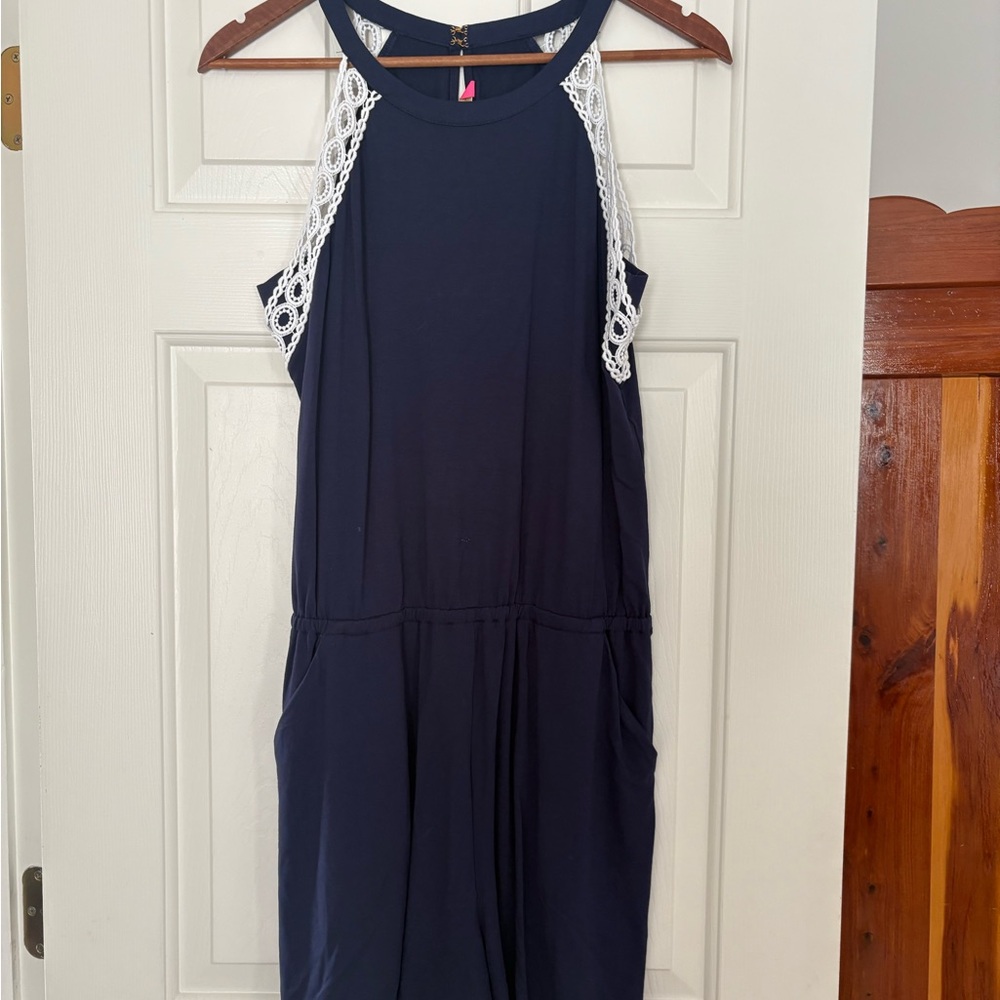 Lilly Pulitzer True Navy Romper with white lace